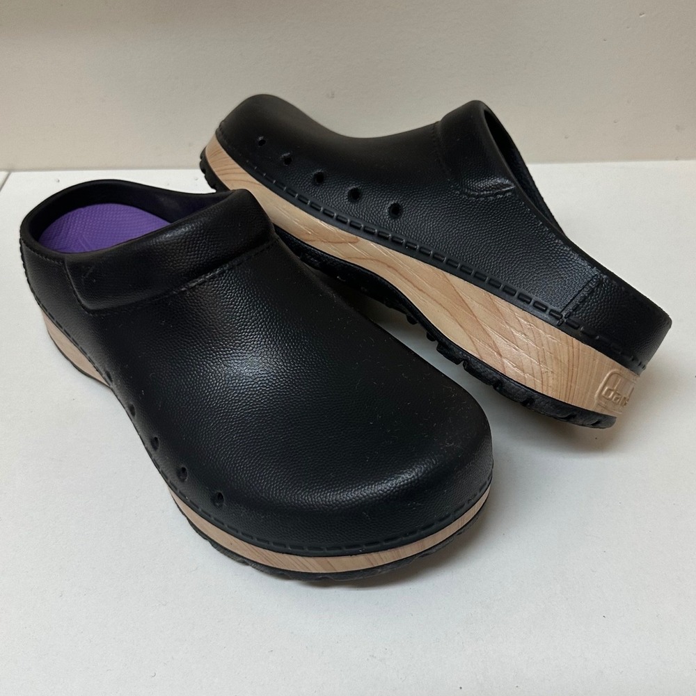 Dansko Black Faux-Leather Clogs with Tan Wood-Effect Sole